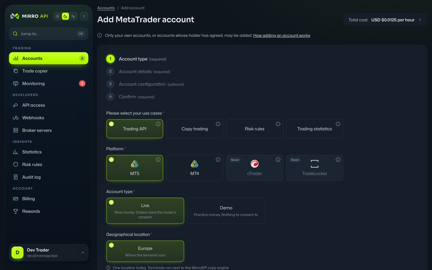 The add-account wizard of the MirroAPI console with platform choices for MT5, MT4, cTrader and TradeLocker